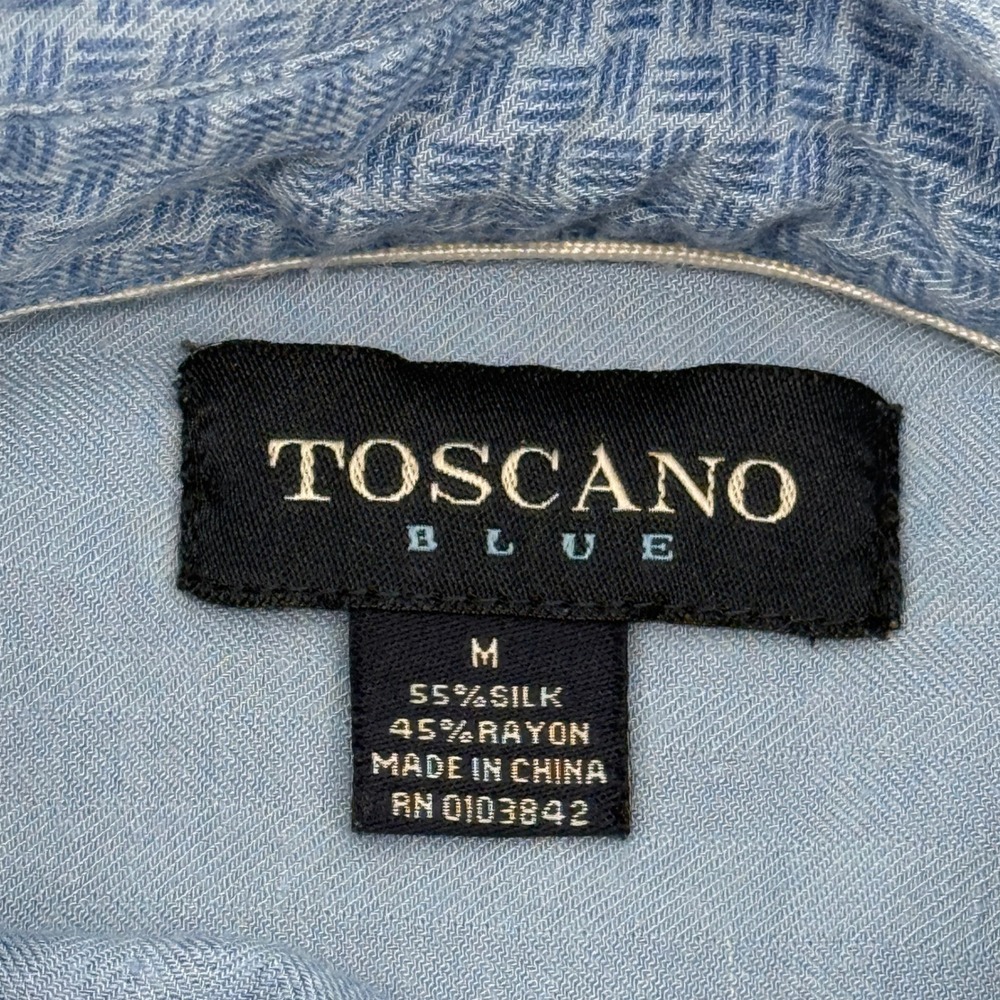 Toscano Blue Mens Silk Rayon Short Sleeve Button Down Shirt Blue Geometric Med - Picture 3 of 11